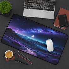Load image into Gallery viewer, Fantasy Night Sky Desk Mat ,Twinkling Stars, Crescent Moon, Hills Design, Christmas gift